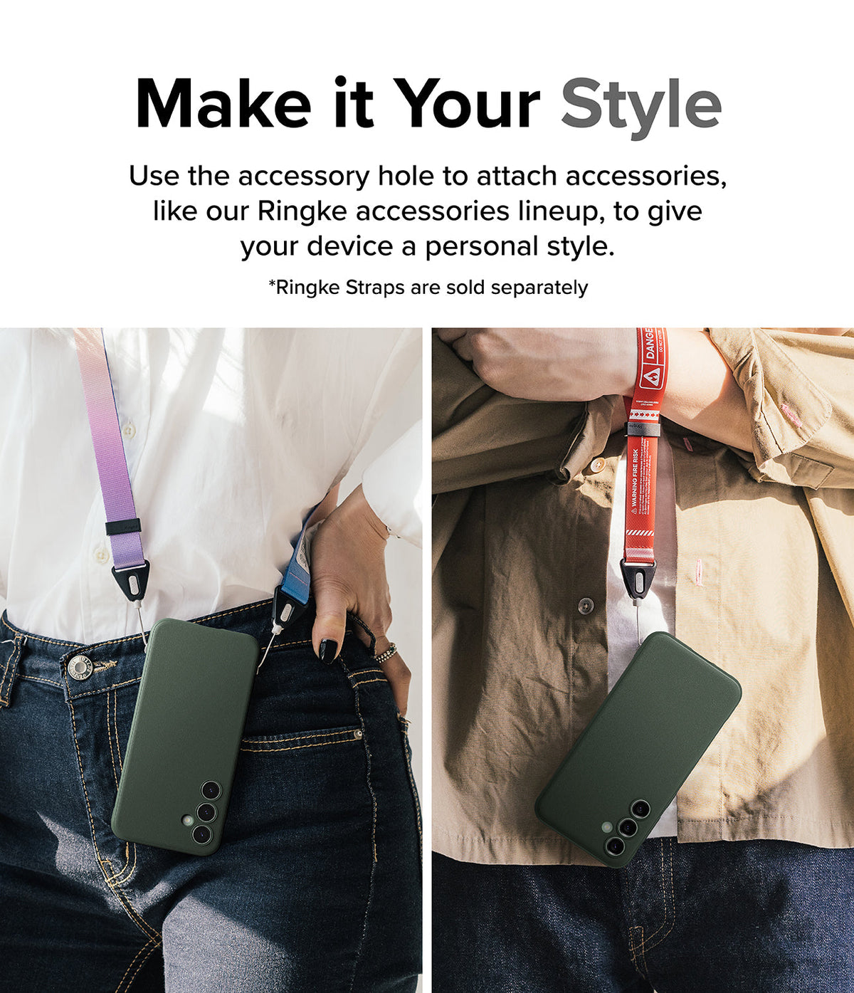 Galaxy S23 FE Case | Onyx - Two people wearing green phone cases attached to colorful lanyards around their necks or waists.