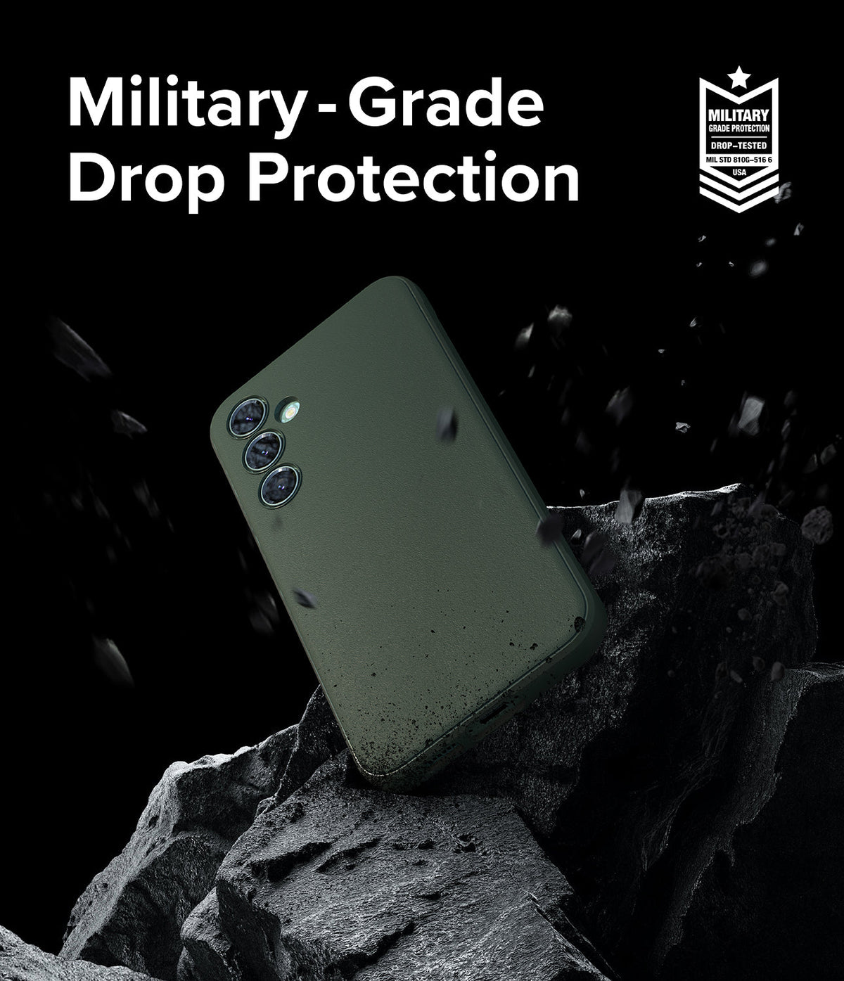 Galaxy S23 FE Case | Onyx - Olive green phone case floating above jagged rocks with debris and military-grade protection text.