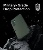 Galaxy S23 FE Case | Onyx - Olive green phone case floating above jagged rocks with debris and military-grade protection text.
