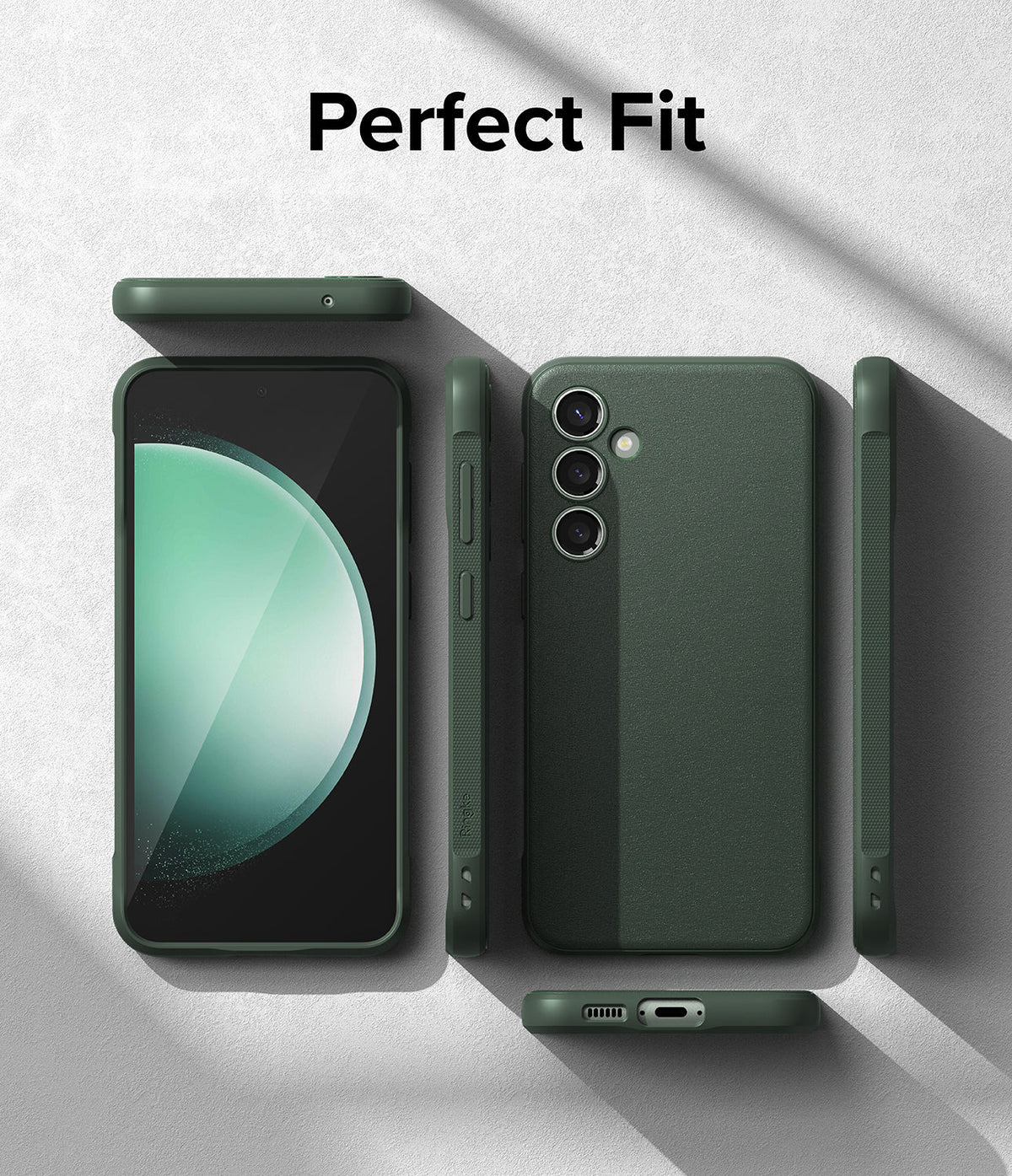 Galaxy S23 FE Case | Onyx - Dark green phone case shown from multiple angles against a textured light gray background.