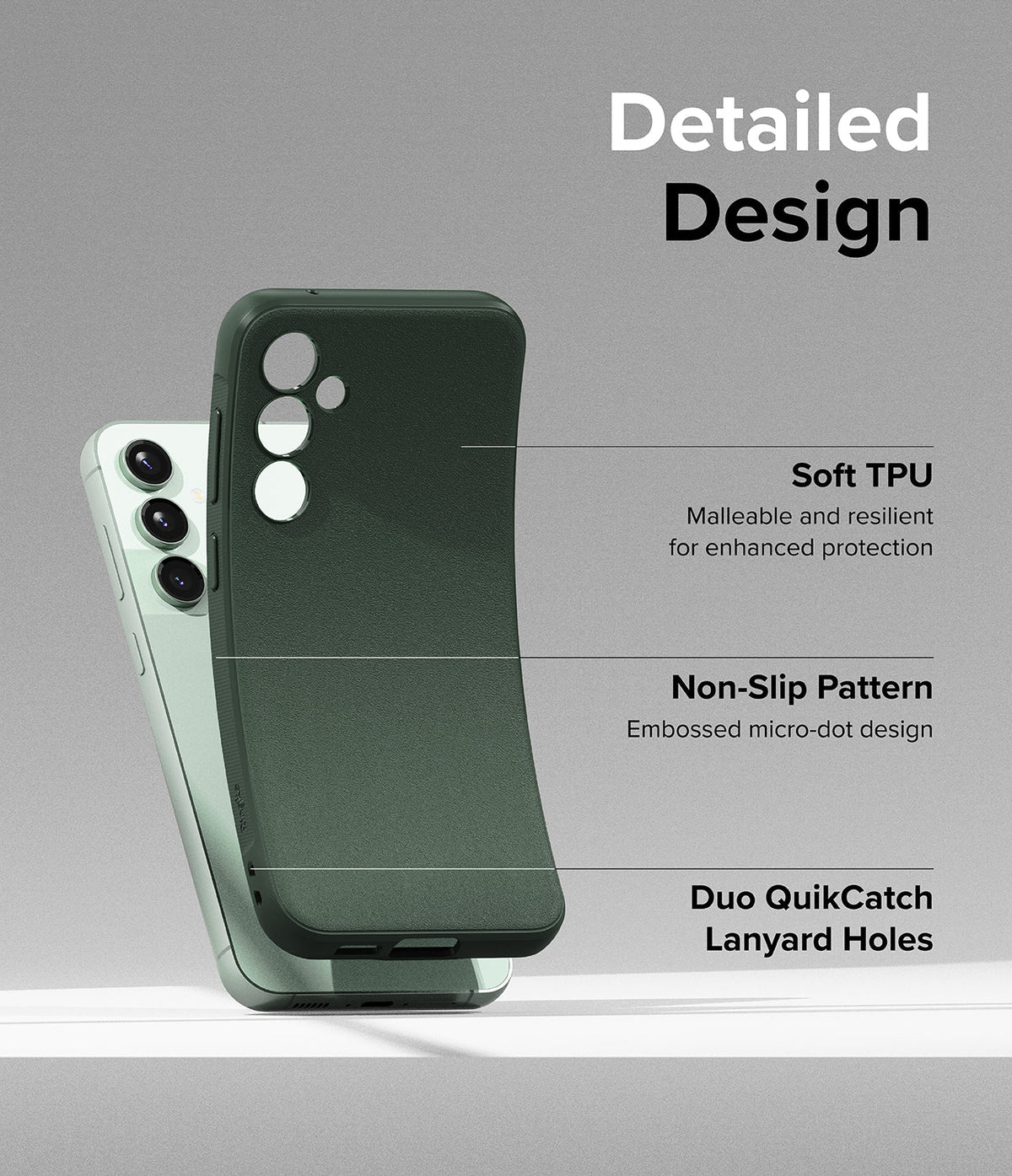 Galaxy S23 FE Case | Onyx - A dark green phone case highlighting TPU material, non-slip texture, and lanyard holes.