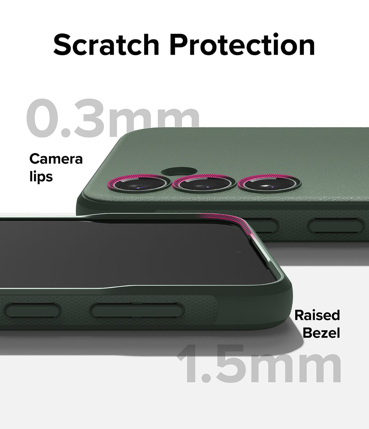 Galaxy S23 FE Case | Onyx - Olive green phone case showing 0.3mm camera lips and 1.5mm raised screen bezel for protection.