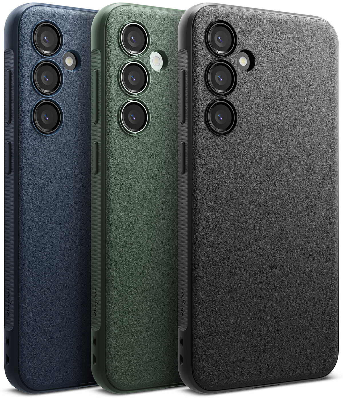 Galaxy S23 FE Case | Onyx - Three textured phone cases in navy, olive green, and black, showing rear camera cutouts.