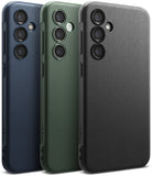 Galaxy S23 FE Case | Onyx - Three textured phone cases in navy, olive green, and black, showing rear camera cutouts.