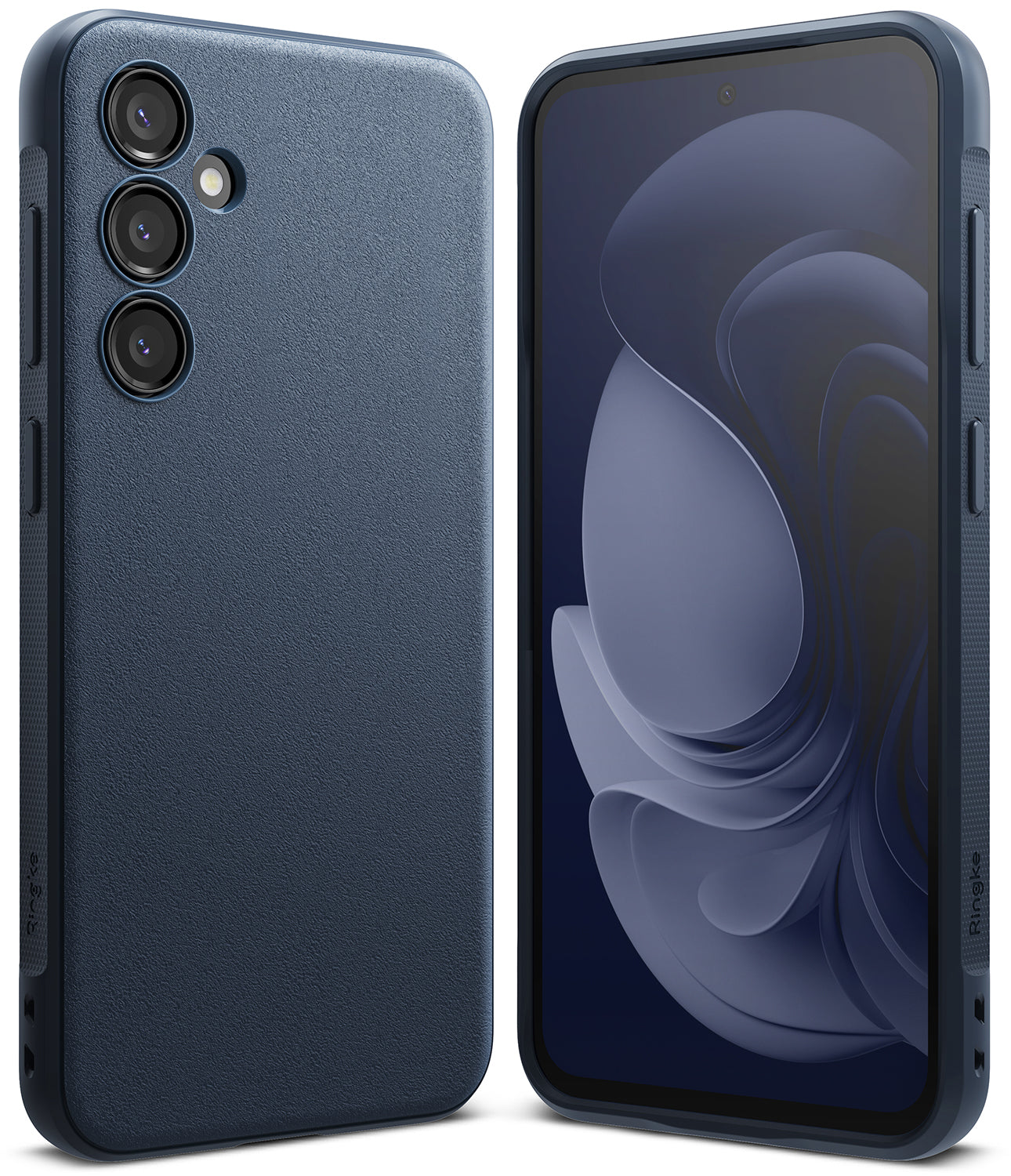 Galaxy S23 FE Case | Onyx - Navy blue textured phone case shown from back and front views with abstract screen wallpaper.