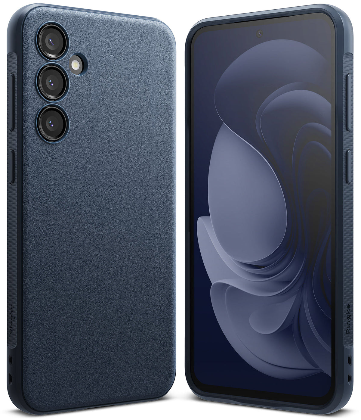 Galaxy S23 FE Case | Onyx - Navy blue textured phone case shown from back and front views with abstract screen wallpaper.
