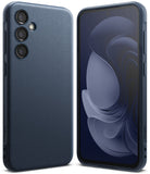 Galaxy S23 FE Case | Onyx - Navy blue textured phone case shown from back and front views with abstract screen wallpaper.