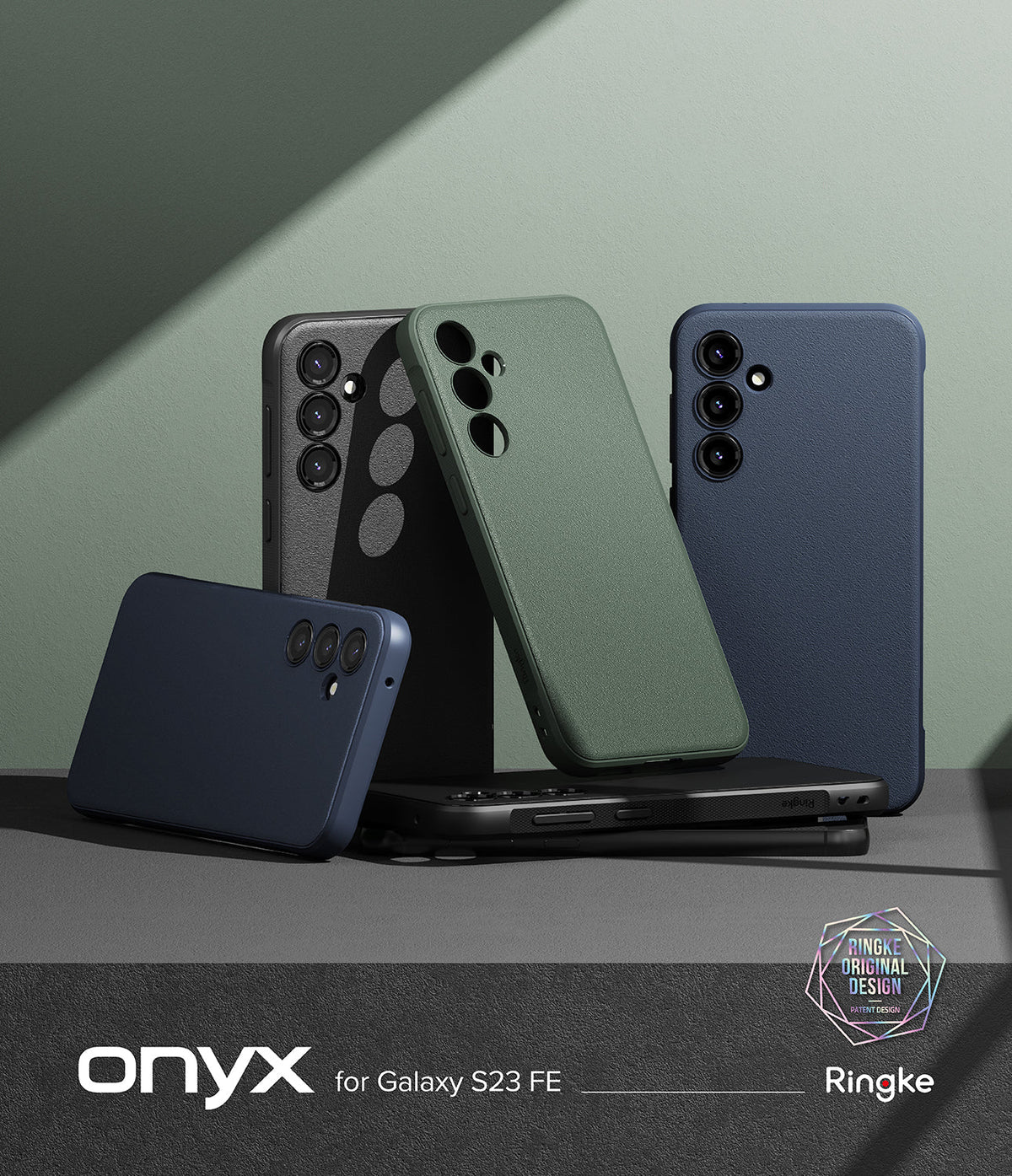 Galaxy S23 FE Case | Onyx - Four textured Galaxy S23 FE phone cases in black, green, and navy arranged on a dark surface.