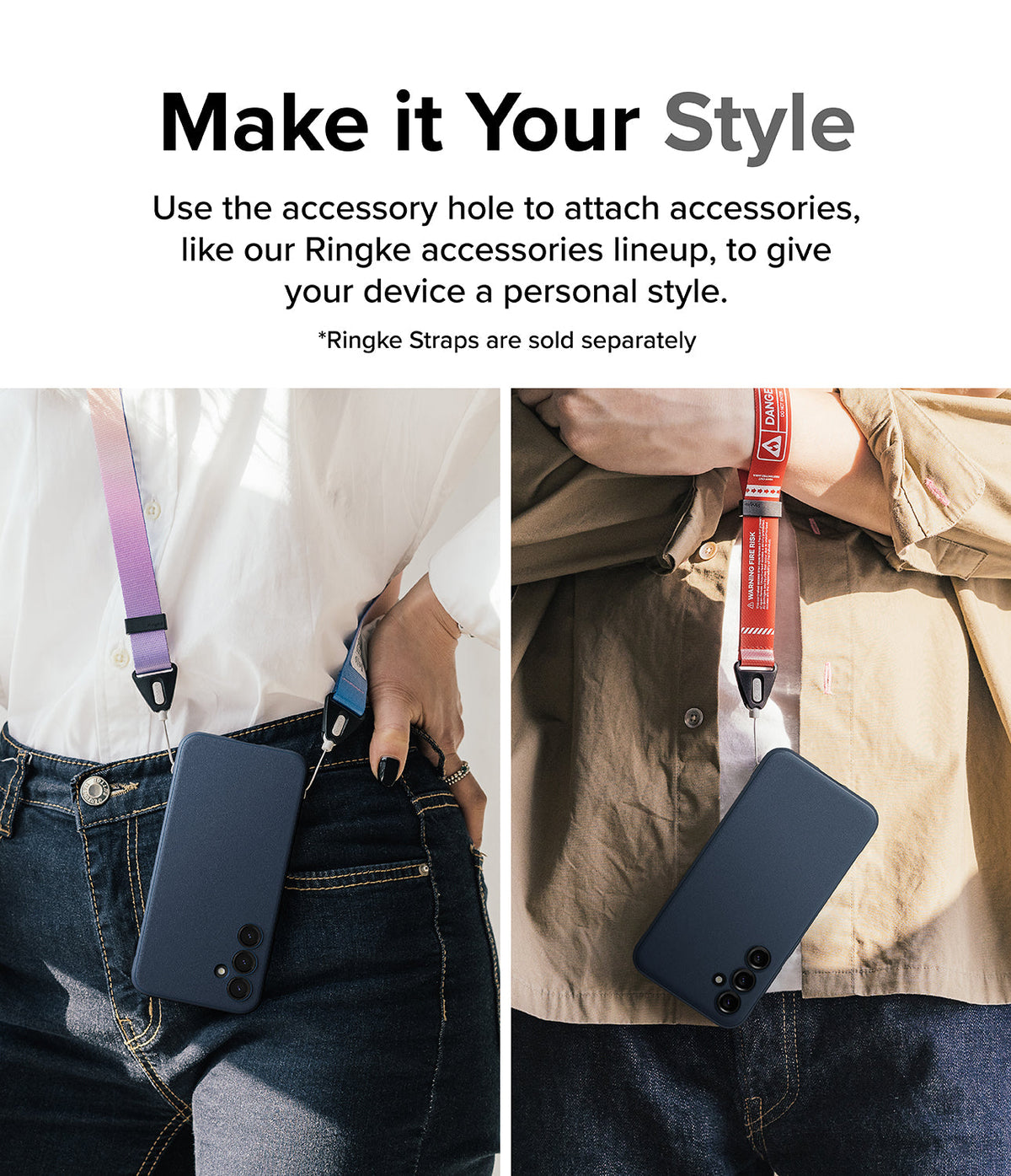 Galaxy S23 FE Case | Onyx - Two people wearing a navy phone case attached to colorful neck and wrist straps.