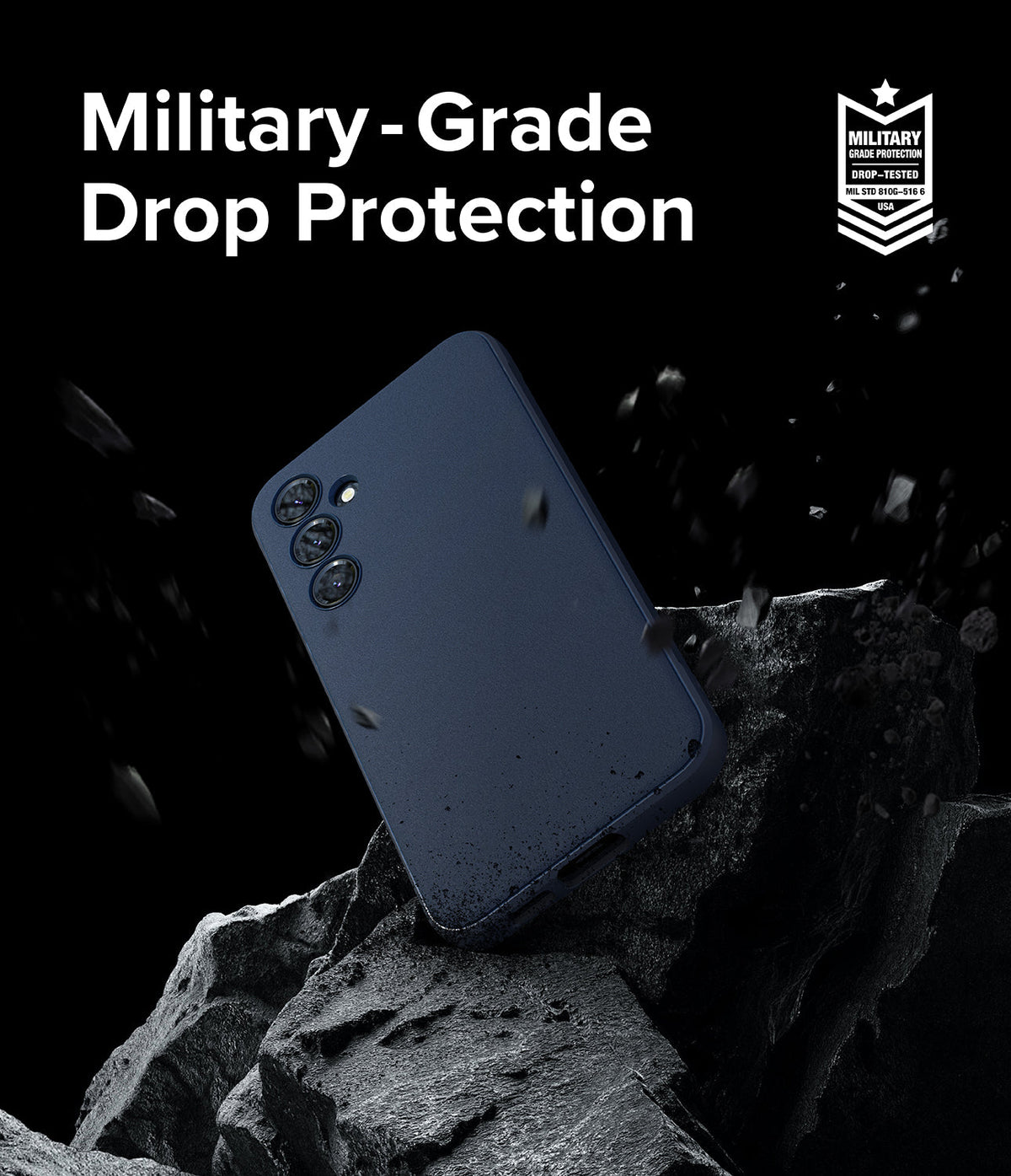 Galaxy S23 FE Case | Onyx - Navy phone case floating above jagged rocks with debris, featuring military-grade protection text.
