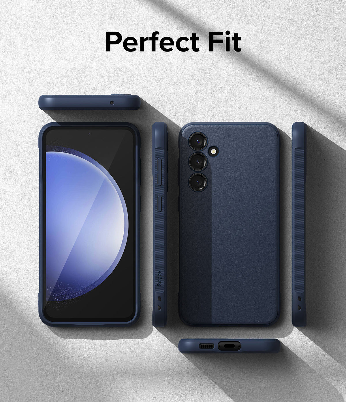 Galaxy S23 FE Case | Onyx - Navy blue phone case shown from multiple angles against a textured grey background.