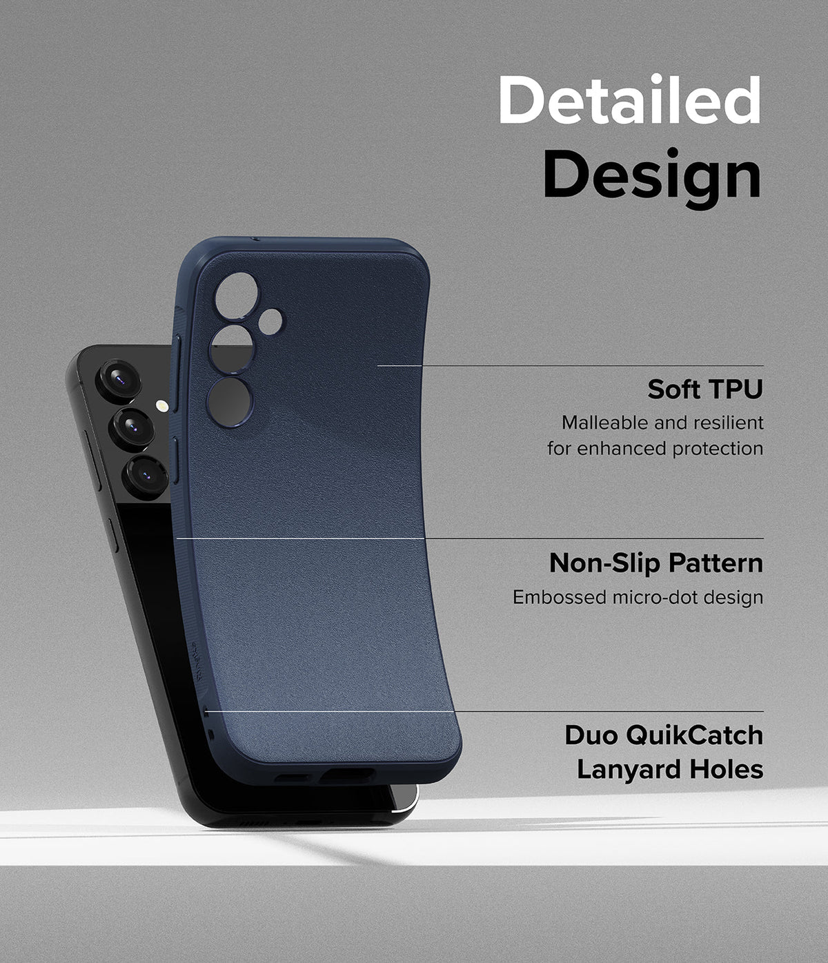 Galaxy S23 FE Case | Onyx - Navy blue phone case showing TPU material, non-slip texture, and lanyard hole features.