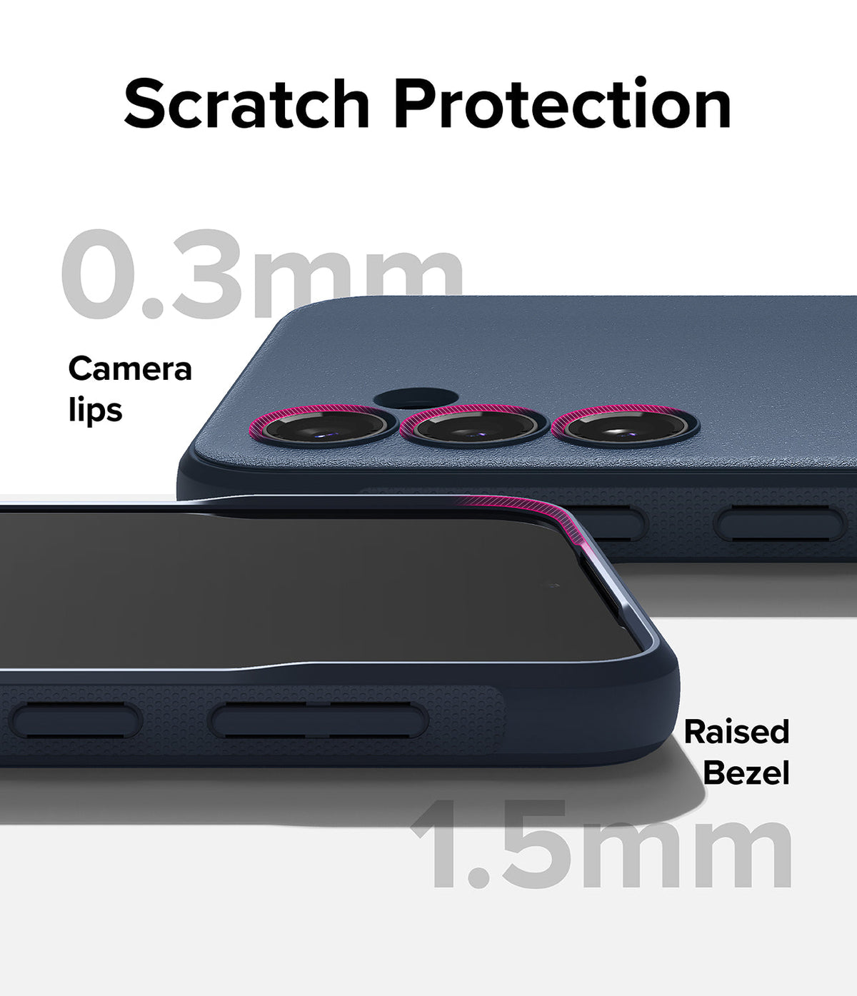 Galaxy S23 FE Case | Onyx - Close-up of phone case showing 0.3mm camera lips and 1.5mm raised screen bezel for scratch protection.