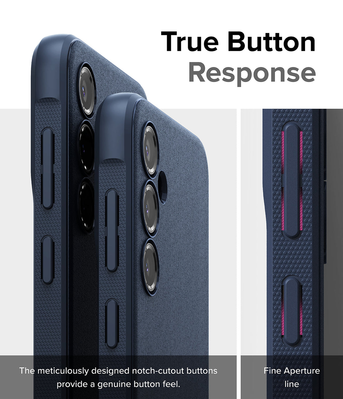 Galaxy S23 FE Case | Onyx - Close-up of navy phone case buttons showing tactile notch-cutout design and fine aperture lines.
