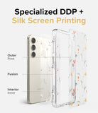 Galaxy S23 Plus Case | Fusion Design - Exploded view showing phone, clear floral case, and print layers with DDP and silk screen.