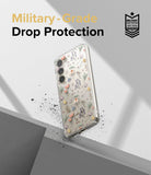 Galaxy S23 Plus Case | Fusion Design - Floral clear phone case floating above a grey surface with drop protection text.