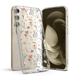 Galaxy S23 Case | Fusion Design - Clear phone case with delicate floral pattern over a gold Galaxy S23 smartphone.
