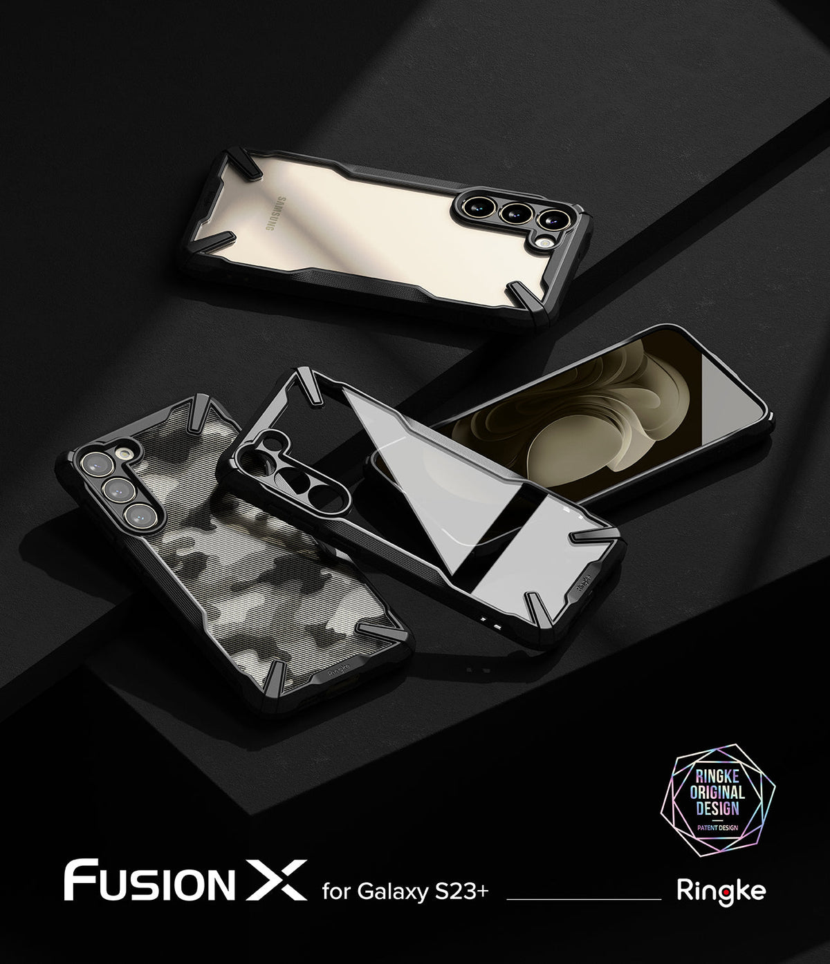 Galaxy S23 Plus Case | Fusion-X - Three black Fusion-X cases for Galaxy S23 Plus displayed on a dark surface.