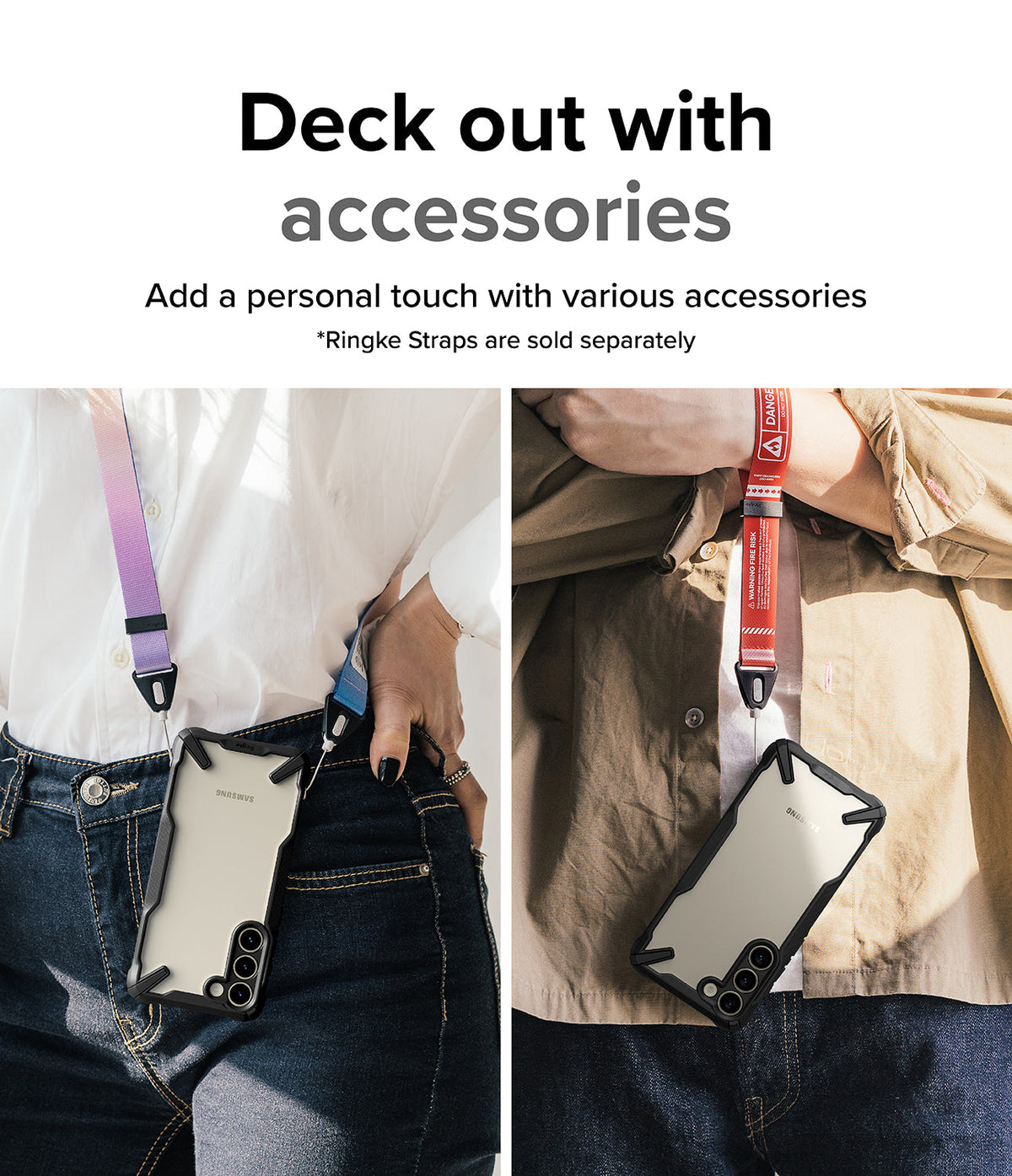 Galaxy S23 Plus Case | Fusion-X - Two people wearing Galaxy S23 Plus phones in Fusion-X cases with colorful neck and wrist straps.