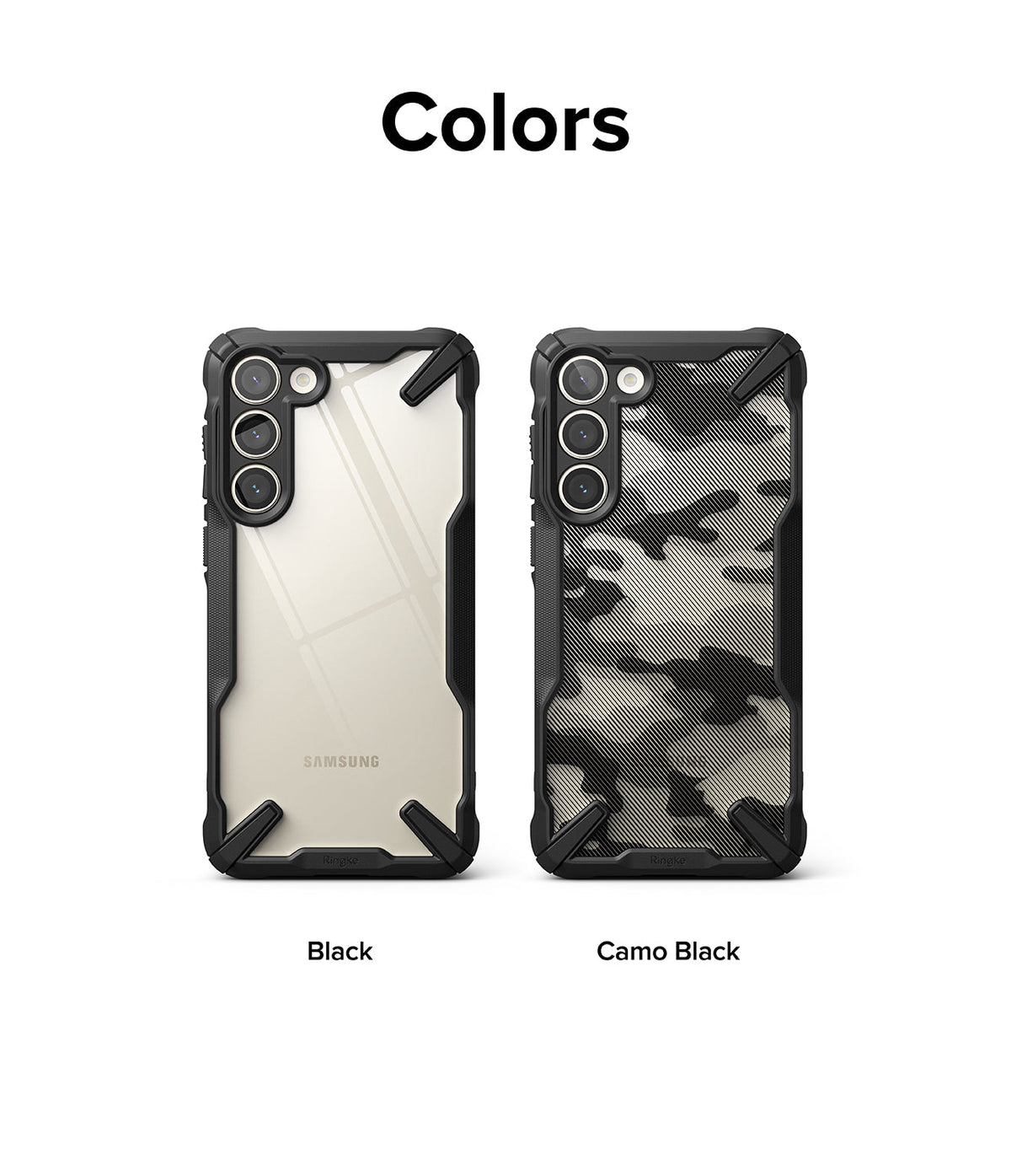 Galaxy S23 Plus Case | Fusion-X - Two Samsung Galaxy S23 Plus phones in Black and Camo Black Fusion-X cases side by side.