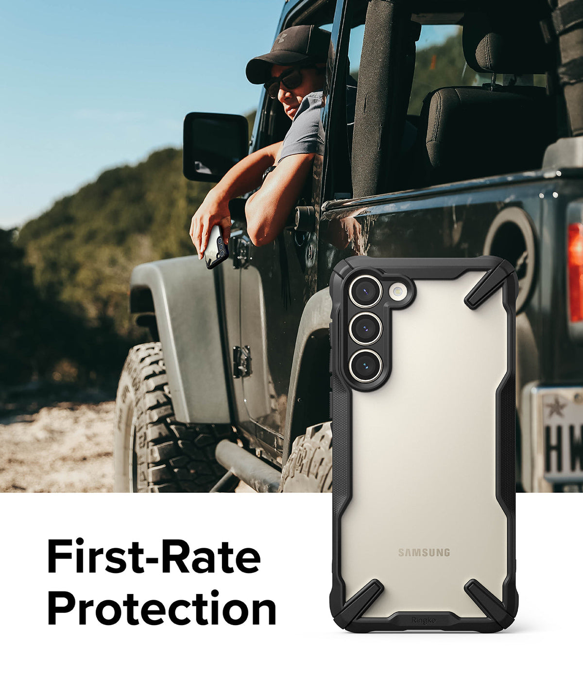 Galaxy S23 Plus Case | Fusion-X - Rugged black phone case with clear back on a Galaxy S23 Plus held by a driver in a Jeep.