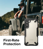 Galaxy S23 Plus Case | Fusion-X - Rugged black phone case with clear back on a Galaxy S23 Plus held by a driver in a Jeep.