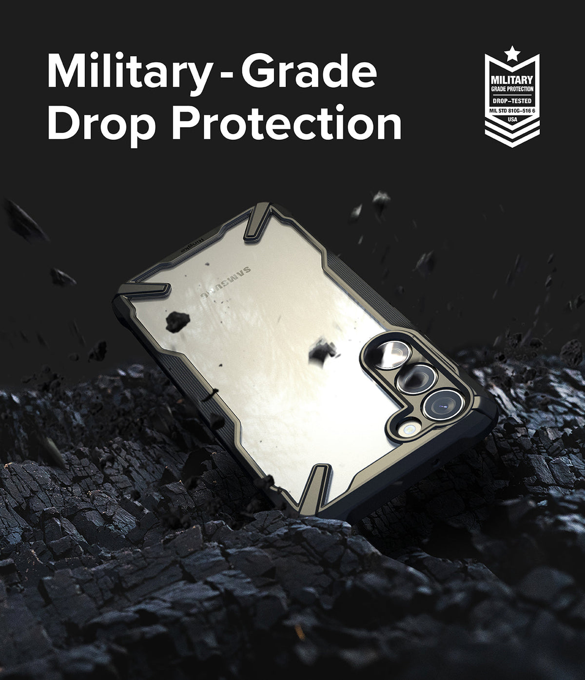 Galaxy S23 Plus Case | Fusion-X - Phone case on dark, rocky terrain with military-grade drop protection text and badge.