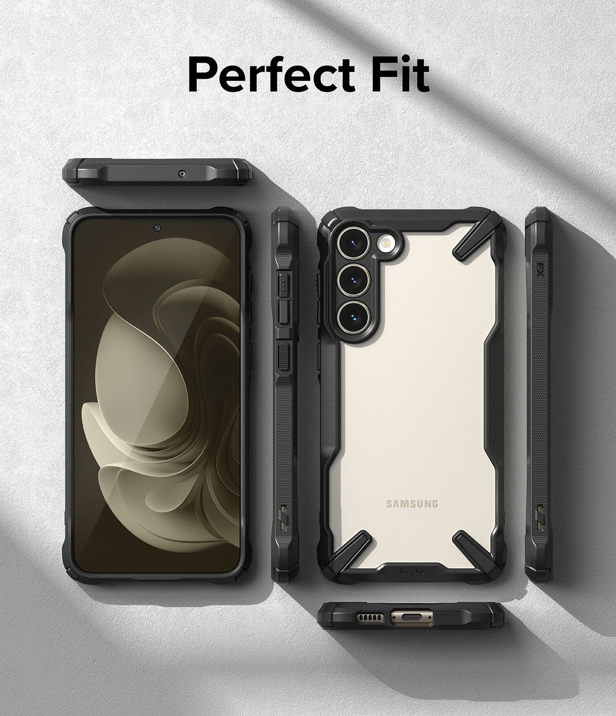 Galaxy S23 Plus Case | Fusion-X - Multiple views of a black rugged phone case showing front, back, and side profiles.
