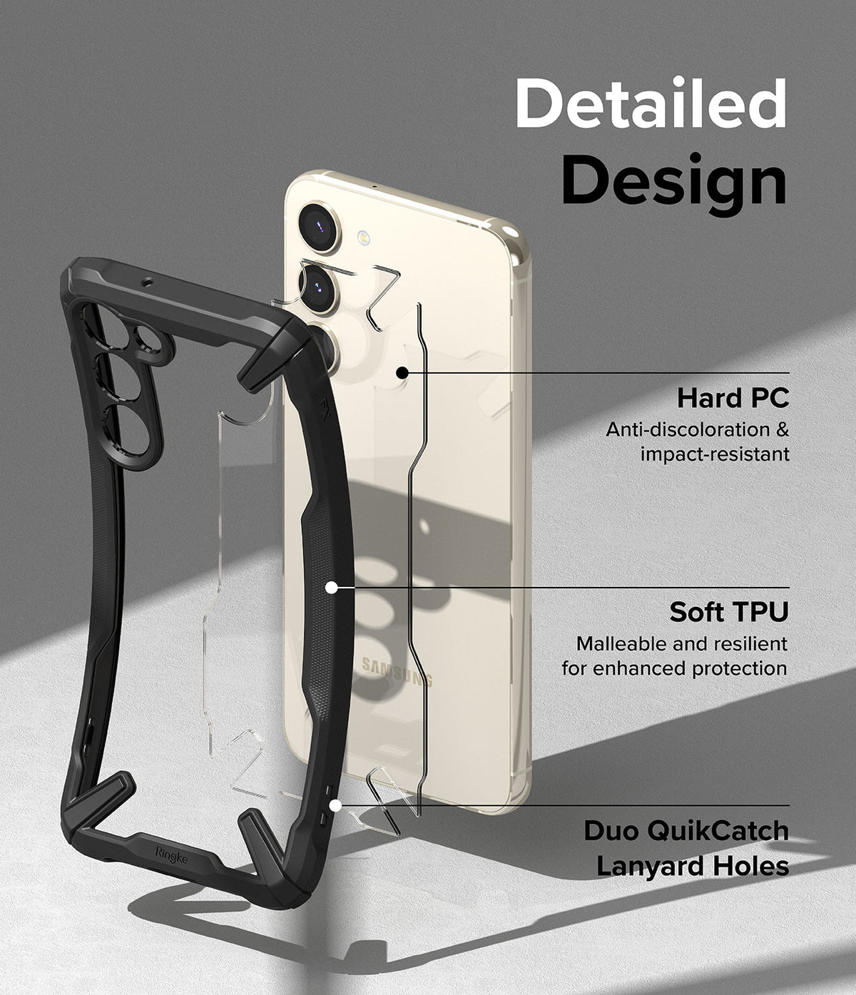 Galaxy S23 Plus Case | Fusion-X - Exploded view of a phone case highlighting hard PC, soft TPU, and lanyard holes.