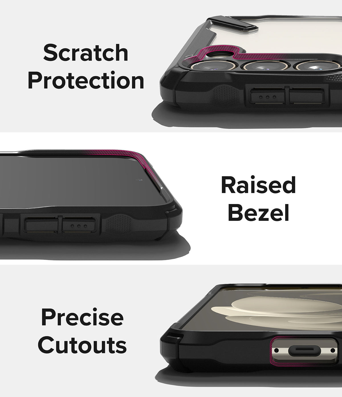 Galaxy S23 Plus Case | Fusion-X - Close-ups of phone case features highlighting scratch protection, raised bezels, and precise port cutouts.