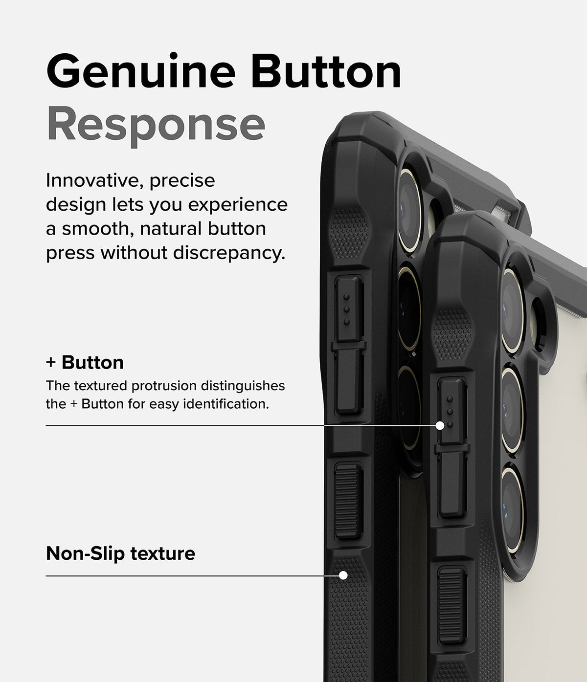 Galaxy S23 Plus Case | Fusion-X - Close-up of phone case buttons highlighting textured plus button and non-slip grip.