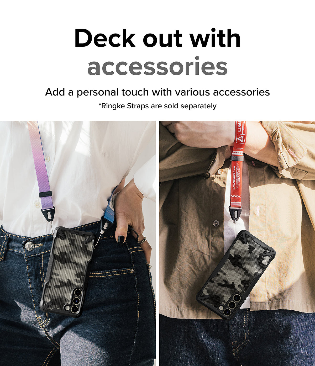 Galaxy S23 Plus Case | Fusion-X - Two people wearing camo phone cases on colorful neck and wrist straps.