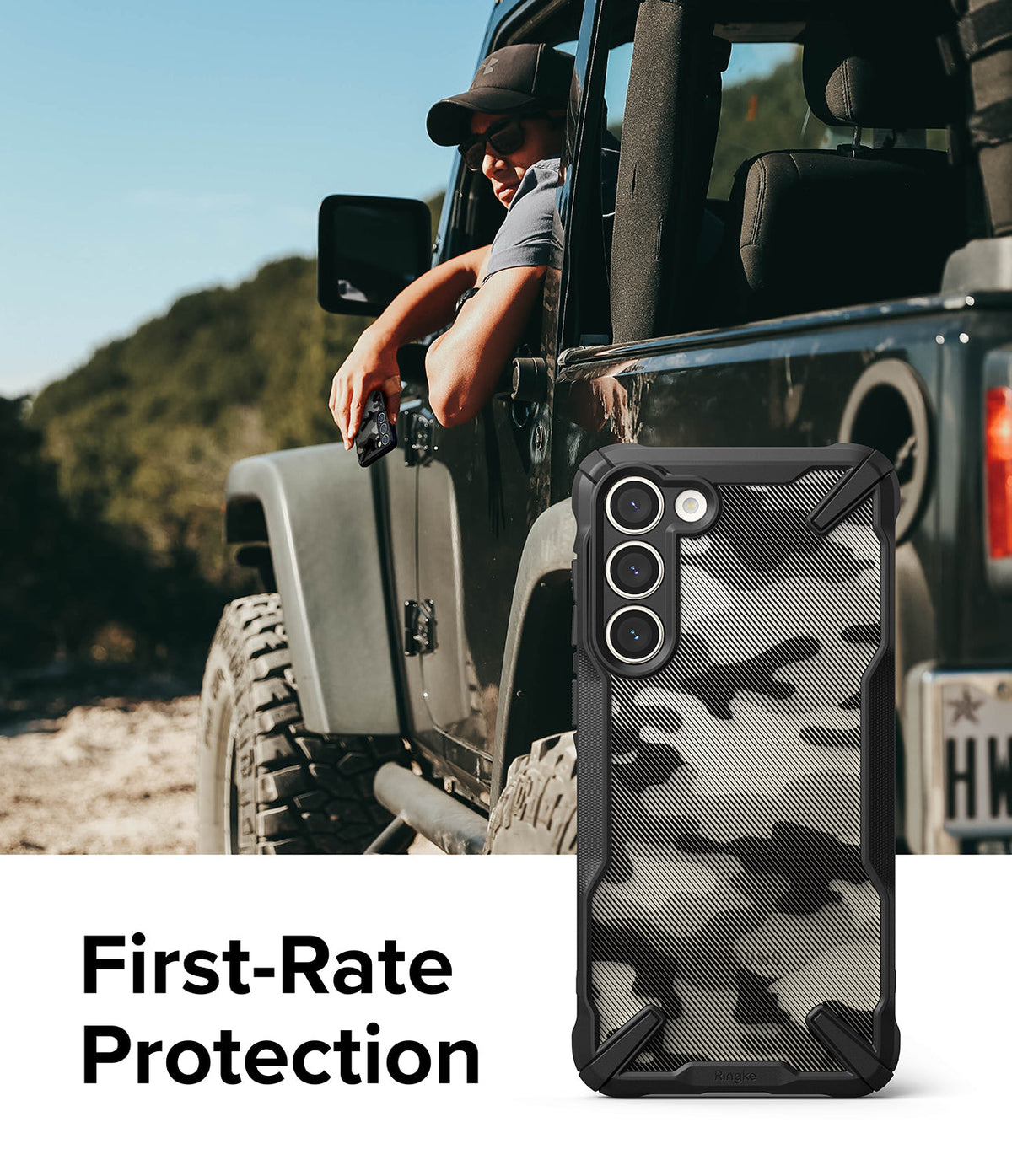 Galaxy S23 Plus Case | Fusion-X - Camouflage phone case with rugged black bumpers held by a driver in a Jeep.