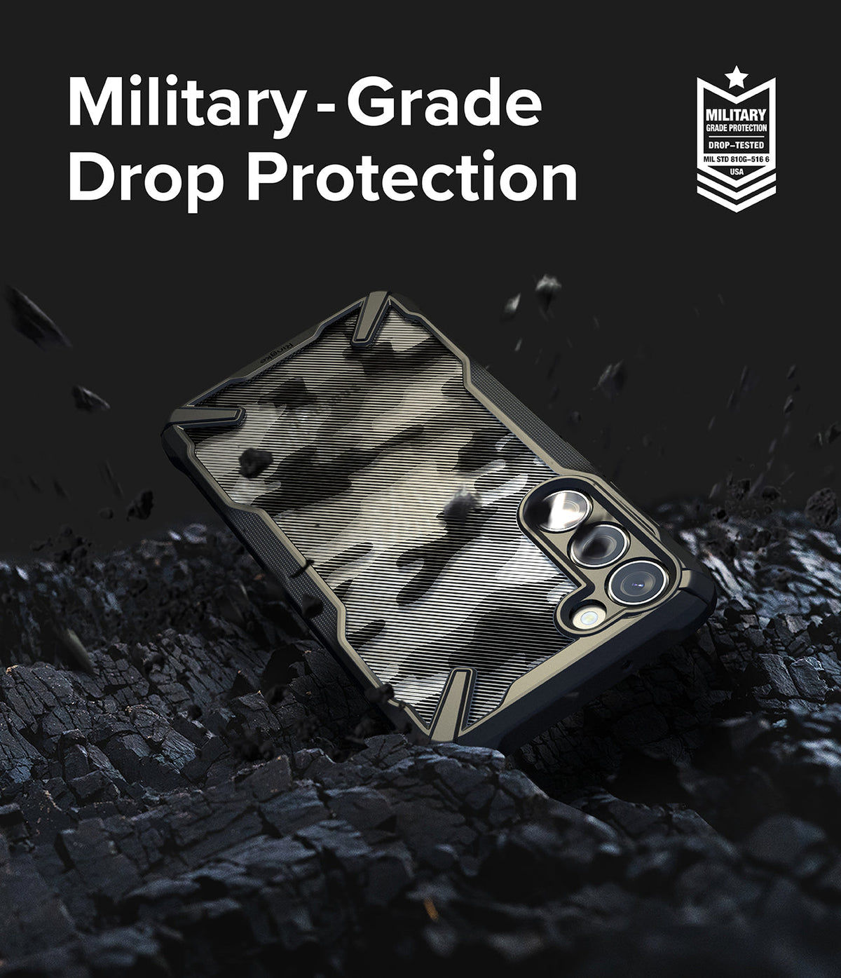Galaxy S23 Plus Case | Fusion-X - Camo phone case on dark, rocky terrain with Military-Grade Drop Protection text and badge.