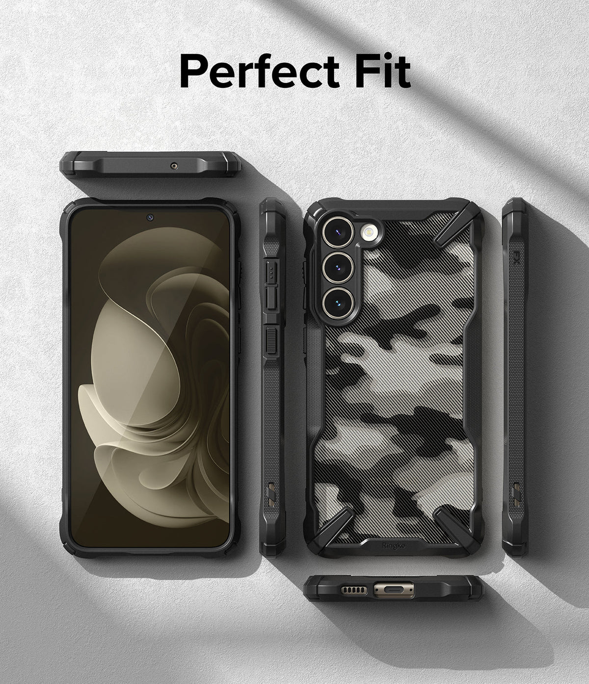 Galaxy S23 Plus Case | Fusion-X - Black camouflage phone case shown from multiple angles with a perfect fit for the device.
