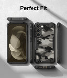 Galaxy S23 Plus Case | Fusion-X - Black camouflage phone case shown from multiple angles with a perfect fit for the device.