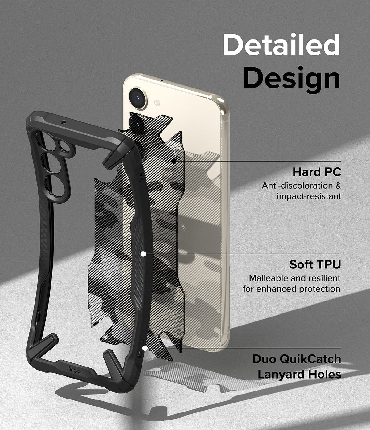 Galaxy S23 Plus Case | Fusion-X - Exploded view of a phone case showing hard PC, soft TPU, and lanyard hole features.