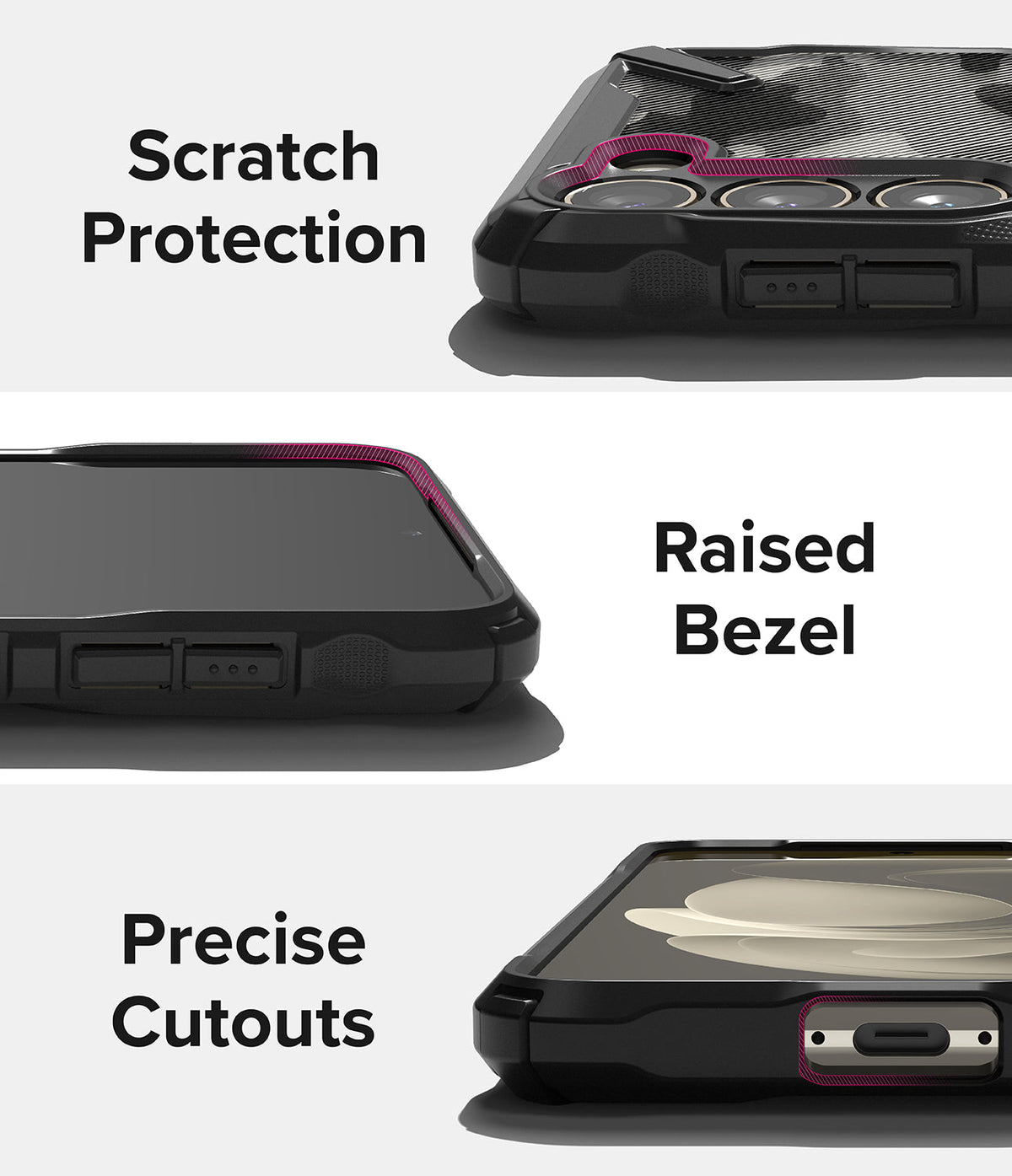 Galaxy S23 Plus Case | Fusion-X - Close-ups showing camera scratch protection, raised screen bezels, and precise port cutouts.