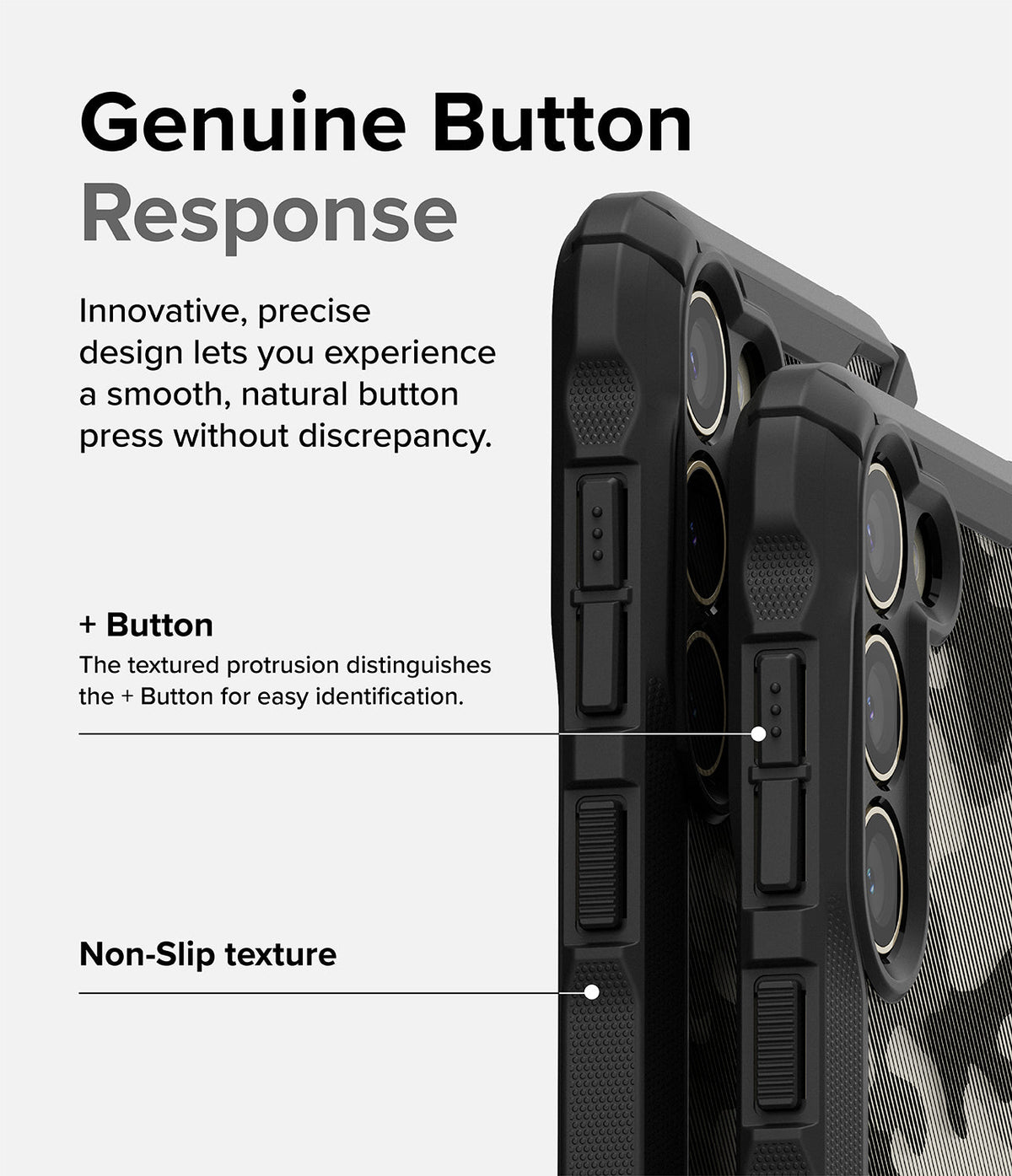 Galaxy S23 Plus Case | Fusion-X - Close-up of phone case buttons with textured plus button and non-slip grip details.