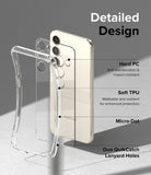 Galaxy S23 Plus Case | Fusion - Exploded view of a clear phone case showing PC, TPU, micro-dot, and lanyard hole features.