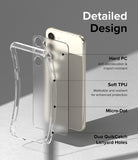 Galaxy S23 Plus Case | Fusion - Exploded view of a clear phone case highlighting PC, TPU, micro-dots, and lanyard holes.