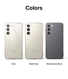 Galaxy S23 Plus Case | Fusion - Three Galaxy S23 Plus phones in Clear, Matte Clear, and Matte Smoke Black cases.