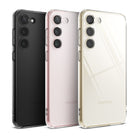 Galaxy S23 Case | Fusion - Three Galaxy S23 phones in black, pink, and cream, each protected by a clear Fusion phone case.