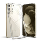Galaxy S23 Case | Fusion - Clear protective phone case shown with a gold Galaxy S23 smartphone from front and back angles.