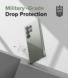 Galaxy S23 Ultra Case | Air - Clear phone case on a Galaxy S23 Ultra with military-grade drop protection text and badge.