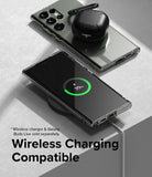 Galaxy S23 Ultra Case | Air - Clear phone case on a wireless charger showing 70% battery with earbuds resting on top.