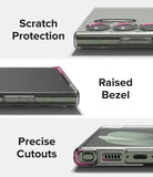 Galaxy S23 Ultra Case | Air - Three views of a glittery clear phone case highlighting scratch protection, raised bezels, and cutouts.