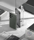 Galaxy S23 Ultra Case | Fusion Bumper - Clear and black protective phone cases arranged on a gray surface.
