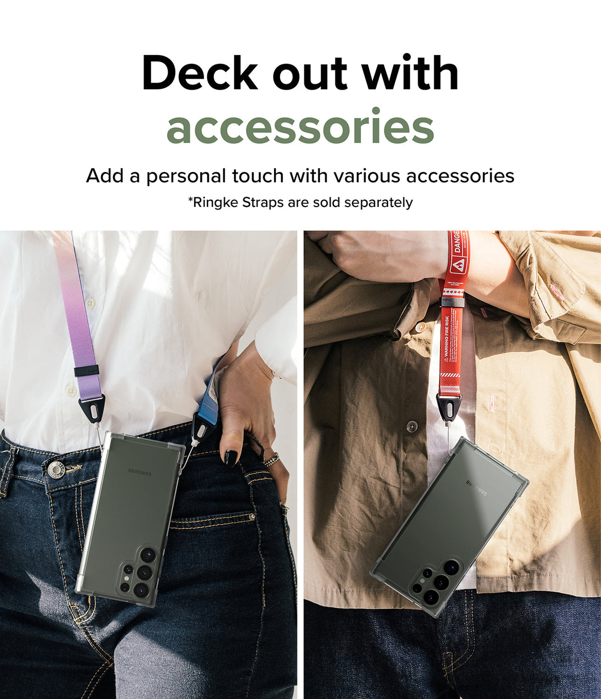 Galaxy S23 Ultra Case | Fusion Bumper - Two people wearing Galaxy S23 Ultra phones on colorful neck straps.