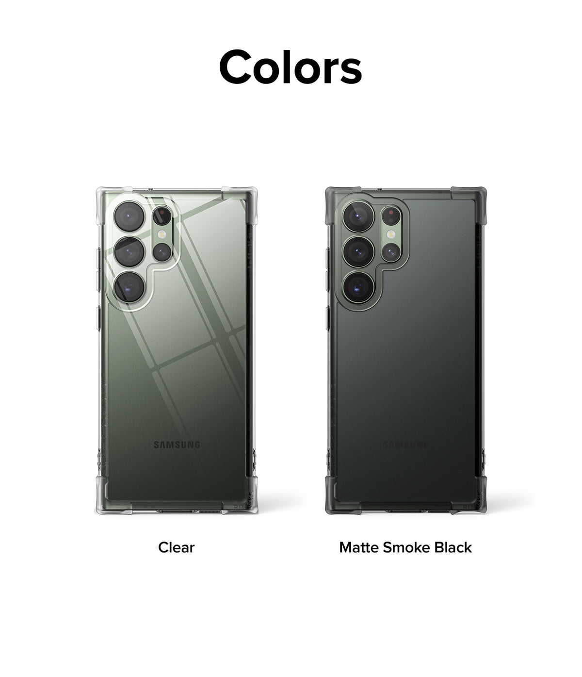 Galaxy S23 Ultra Case | Fusion Bumper - Two Galaxy S23 Ultra phones in Clear and Matte Smoke Black bumper cases.